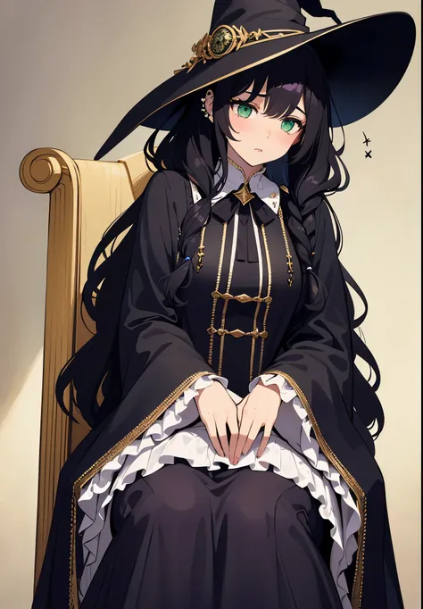 ((Dynamic Angle)), solo, girl with black curly hair, ((throne)), long wavy locks cascading down, piercing green eyes, ((witch hat)), ((exquisite)), witch outfit complete with a frilly purple cloak, thick outlines defining the intricate details, white outli...