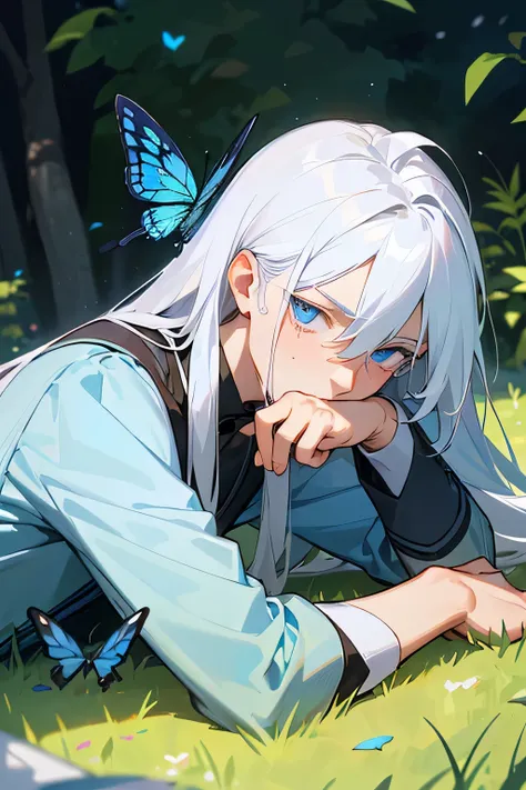 Excellent, masterpiece, white hair, blue eyes, shoulder long hair, fair skin, man face with sharp angles in the garden park male bust shot lying on his side on the park grass with tears on his face a blue butterfly on his nose his hand gripping into the gr...