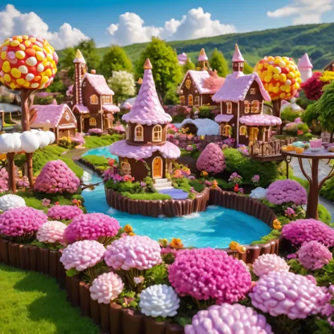 (Super detailed,actual:1.37),(best quality,4K,8K,high resolution,masterpiece:1.2),landscape,candyland,Sweet,magic,Comfortable,Tasteful,delicious,Beautifully decorated chocolate house,Winding River,Sparkling Chocolate Fountain,Various chocolate sculptures,F...