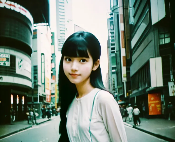 color unsharp masking quality. (A young Japanese woman as world tallest height as aditya romeo dev). thick outline. blurry photo. color slide film. 1958.
