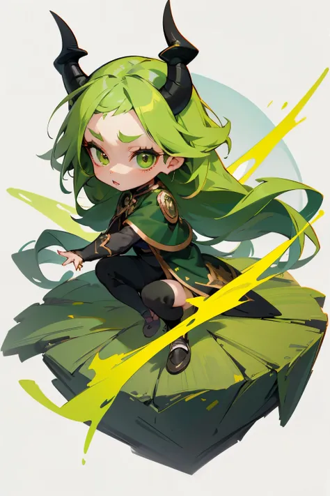 girl, full body, cartoon style, chibi style, cute, bird wing, bird foot, Demon horns from the forehead, devil, beautiful face, green color eye, beautiful eye, high detailed pupil, double eyeylid, high detailed skin, high quality skin, green color hair, bla...