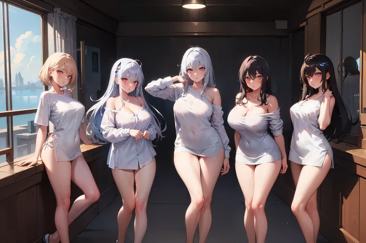 ((4girls:1.5)),bronya zaychik (silverwing n-ex), bronya zaychik, red pupils,breasts, long hair, dress, grey hair, cleavage, bangs, (glowing grey eyes:1.2), 
BREAK ((white shirt on her shoulders:1.5))
BREAK single pauldron, 
BREAK standing, full body, looki...