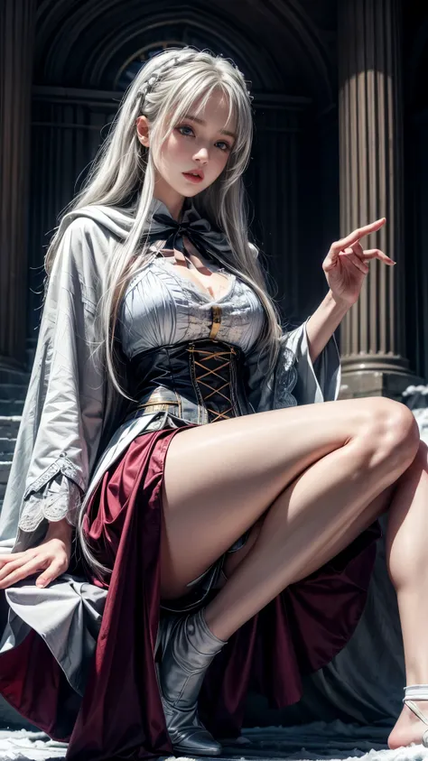 8k，Photorealistic, high resolution, 1 Women, Solo, Hips up,(Lolita costume)， Beautiful eyes, White hair, ringed eyes, (Sit，Cloak，snowfield)，((lifting her skirt，spread their legs))，