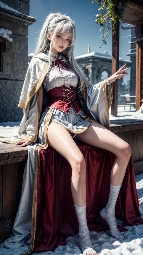 8k，Photorealistic, high resolution, 1 Women, Solo, Hips up,(Lolita costume)， Beautiful eyes, White hair, ringed eyes, (Sit，Cloak，snowfield)，((lifting her skirt，spread their legs))，