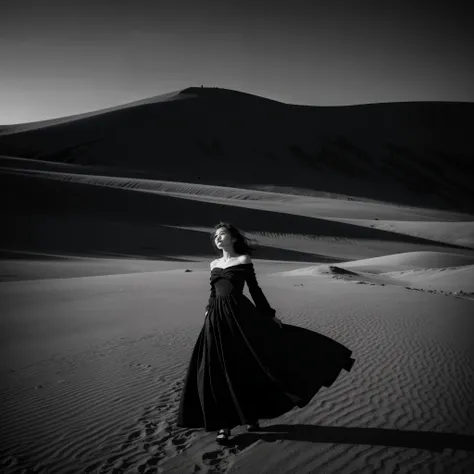 (black and white photography, high contrast、Infrared Filter)、highest quality, masterpiece, ultra high resolution, (realistic:1.4), Raw photo, 1 girl, beautiful face、off shoulder, Sand dune ridge、Woman standing with sand dune peaks in the background、Black M...