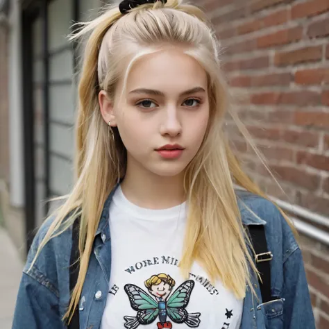 gorgeous blonde hair girl wear ablend of grunge and preppy styles. think flannel shirts paired with ripped jeans or overalls, do...