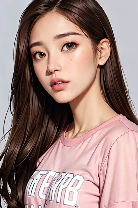 Girl, long brown hair, brown eyes, sharp features, white skin, pink lips, t-shirt sleeves