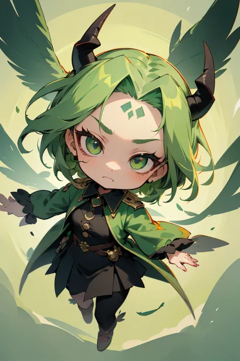 girl, full body, cartoon style, chibi style, cute, bird feathers, bird foot, Demon horns from the forehead, devil, beautiful face, green color eye, beautiful eye, high detailed pupil, double eyeylid, high detailed skin, high quality skin, green color hair,...