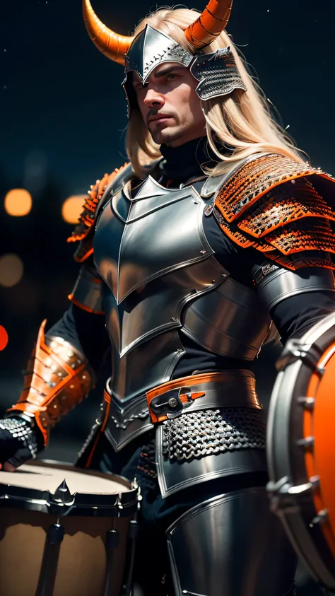 (masterpiece), (extremely intricate:1.3), (realistic), muscular masculine man ,(handsome, demon skin, Static hair, ((titanium horns, serious, drum, ((night, dark, black orange scalemail breastplate, metal gauntlets))))), metal reflections, upper body, outd...