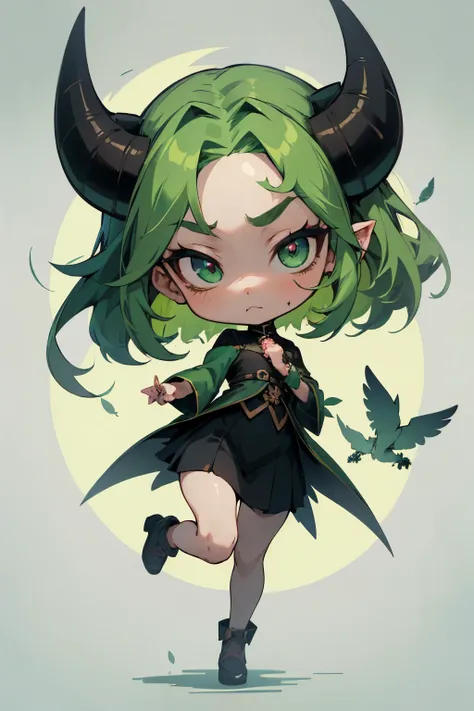 girl, full body, cartoon style, chibi style, cute, bird feathers, bird foot, Demon horns from the forehead, devil, beautiful face, green color eye, beautiful eye, high detailed pupil, double eyeylid, high detailed skin, high quality skin, green color hair,...