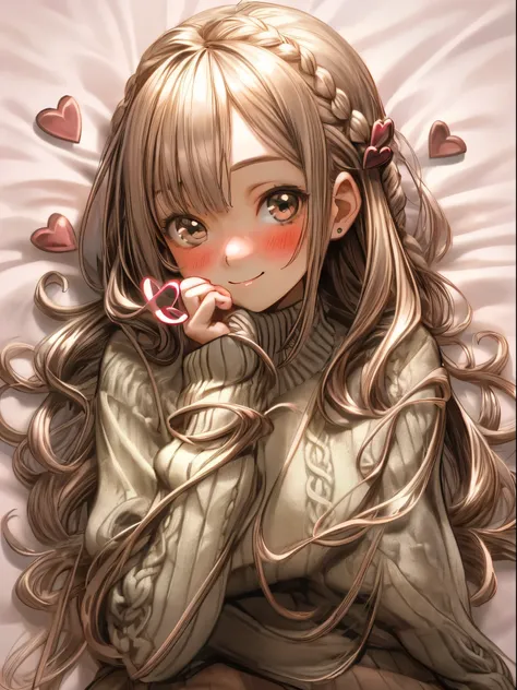 realistic:1.4, 8k, masterpiece, photorealistic:1.2, a young woman, with long hair, hand on chin, smiling, hearts, eyes, looking at viewer, 1girl, solo, smile, hearts, long hair, looking at viewer, blush, braid, hair ornament, white background, sweater, clo...