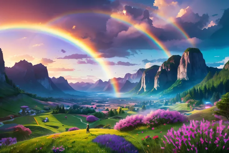 A vibrant rainbow over a mountain landscape with a rainbow, Fantasy Naihong, background artwork, digital art fantasy, Just one rainbow 8 K, colorful digital fantasy art, Complex rainbow environment, fantasy digital art, 超現実的なdream landscape, atmospheric fa...