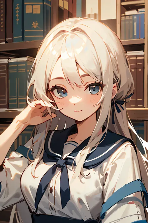 ((highest quality))、 ((masterpiece))、(be familiar with)、perfect face、high school girl、Mojimoji、library、uniform、ribbon、medium bust、Hand over the letter、Smooth Hair、long hair、