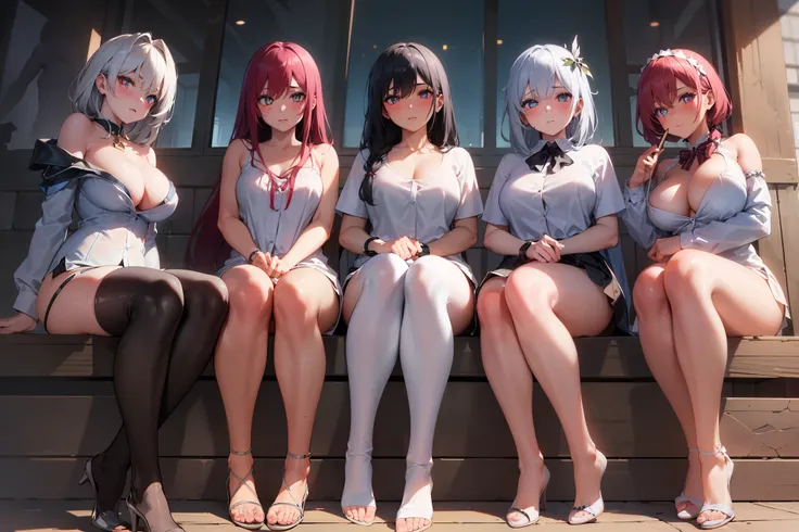 ((4girls:1.5)),bronya zaychik (silverwing n-ex), bronya zaychik, red pupils,breasts, long hair, dress, grey hair, cleavage, bangs, (glowing grey eyes:1.2), 
BREAK ((white shirt on her shoulders:1.5))
BREAK single pauldron, 
BREAK standing, full body, looki...