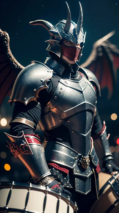 (masterpiece), (extremely intricate:1.3), (realistic), muscular masculine man ,(handsome, demon skin, Static hair, ((titanium horns, serious, drum, ((night, dark, black scarlet scalemail breastplate, metal gauntlets)), angel wings))), metal reflections, up...