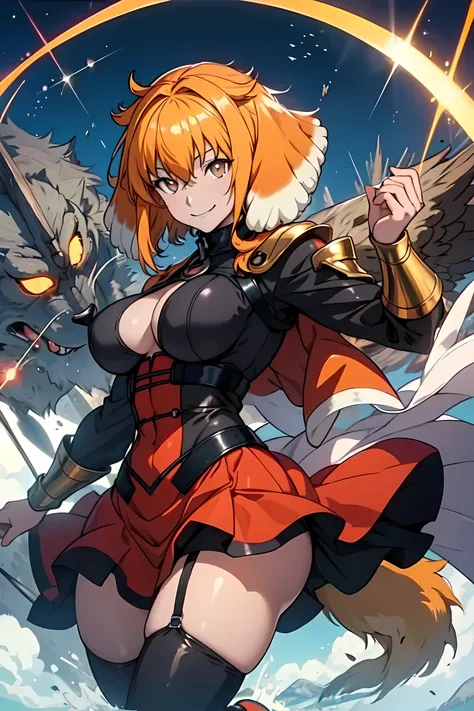 Anime, roxanne, dog ears, (dog tail), flying through the sky with black angel wings, golden leotard armor, In Battle, Chaos, shooting laser beams from hands, masterpiece ,pantyhose, boots,magicagirl body suit, large skirt, smile, long skirt,standing,smile ...