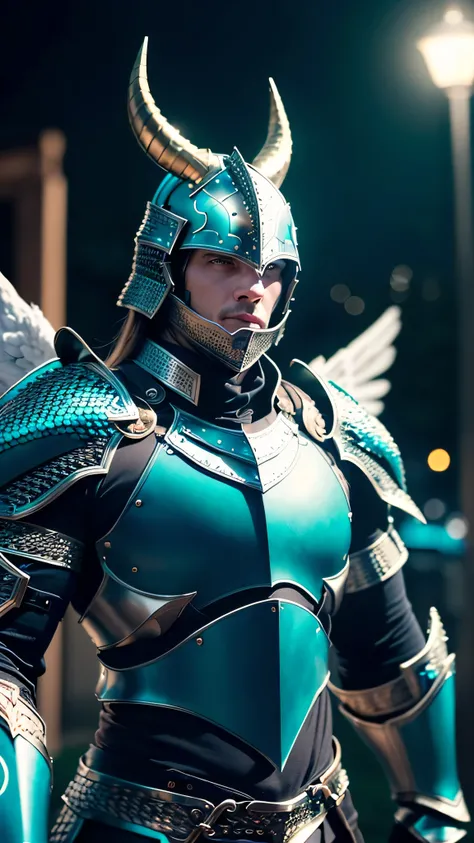 (masterpiece), (extremely intricate:1.3), (realistic), muscular masculine man ,(handsome, demon skin, Static hair, ((titanium horns, serious, drum, ((night, dark, black cyan scalemail breastplate, metal gauntlets)), angel wings))), metal reflections, upper...