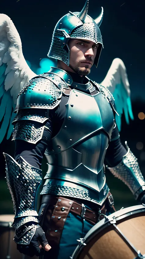 (masterpiece), (extremely intricate:1.3), (realistic), muscular masculine man ,(handsome, demon skin, Static hair, ((titanium horns, serious, drum, ((night, dark, black cyan scalemail breastplate, metal gauntlets)), angel wings))), metal reflections, upper...