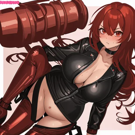 tmasterpiece，High-quality，An anime girl，sexy for，The beautiful woman，messy long red  hair，short detailed hair，With bangs，Shy，Blushing，Tsundere ，Good figure，wearing black biker jumpsuit red short leather jacket with long sleeves biker shorts showing highlig...