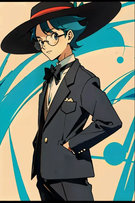 by ken sugimori, sugimori 1990s, ((only 1man)), male figure, homburg hat, white shirt, bow tie, tweed suit, glasses, ((no backgr...