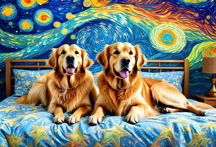 A picture of two golden retrievers relaxing on a bed against a blue sky, reddit, Psychedelic Art, vincent、it&#39;s a deep dream、 starry night, 