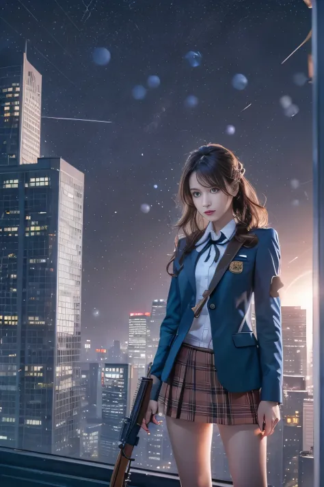 1 female、(super beautiful)、(beautiful face:1.5)、(detailed face)、standing、(HigH-scHool uniform)、dark blue jacket、wHite  sHirt、tie、plaid mini skirt、Brown Hair、(dark makeup)、(Holding rifle)、(Please point your rifle:1.5)、H&For HK416、(On tHe roof of a HigH-rise...