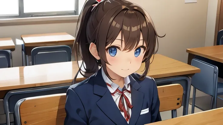 18 year old high school student、brown hair、ponytail、cute、Tsurime girl、sitting in the seat、During class、wearing a uniform、embarrassed expression