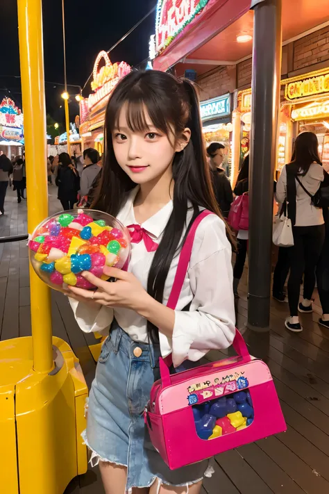 A young woman holding a large candy in a candy-themed amusement park, avoiding sensitive expressions.