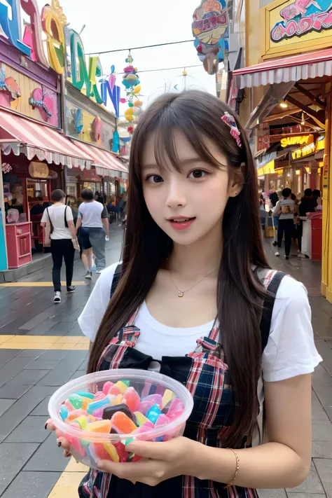 (8K, RAW photo, highest quality masterpiece: 1.2), A young woman holding a large candy in a candy-themed amusement park, avoiding sensitive expressions.