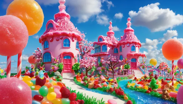 a world made of jelly candy,candyland,jelly sculptures,candy mountains,juicy colorful landscapes,sweet sparkling rivers,sugar-coated trees,deliciously soft clouds,licorice bridges,gummy bear meadows,melt-in-your-mouth textures, vibrant colors, dreamlike sc...