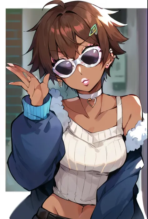 Score_9, score_8_up, score_7_up, score_6_up,  gyaru, source_anime, 1girl, solo, white background,  brick wall backdrop, upper body, looking at viewer, BREAK, earrings, BREAK, thin pink lips, tanned skin, pink makeup,  ribbed sweater, fur trim, bare shoulde...