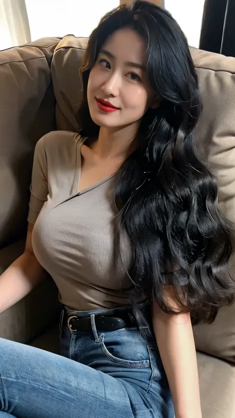 Draw lips correctly, red lipstick, from chest up, best quality, Super detailed, lifelike, Super fine skin, perfect anatomy, (1 日本Mature的女人), (alone)，Wear a gray shirt，short sleeves，blue jeans，Black belt，wavy long hair，37-year-old female，Mature，charming smi...