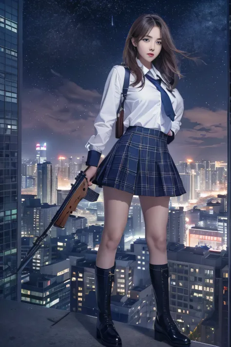 1 female、(super beautiful)、(beautiful face:1.5)、(detailed face)、standing、(HigH-scHool uniform)、dark blue jacket、wHite  sHirt、tie、plaid mini skirt、Brown Hair、(dark makeup)、(Holding rifle)、(Please point your rifle:1.5)、H&For HK416、(On tHe roof of a HigH-rise...