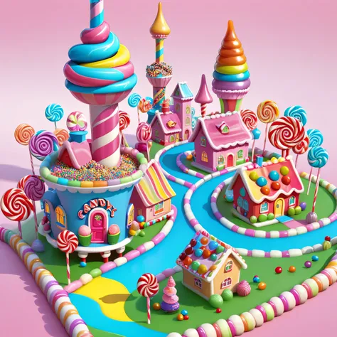 very advanced and high-tech candyland with candy houses, candy intricate towers and candy trees, candy transport and candy peopl...