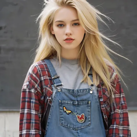 gorgeous blonde hair girl wear ablend of grunge and preppy styles. think flannel shirts paired with ripped jeans or overalls, do...