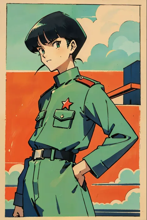 by ken sugimori, sugimori 1990s, ((only 1man)), soldier, green military uniform, scowling ((no background)), ((hands behind thei...