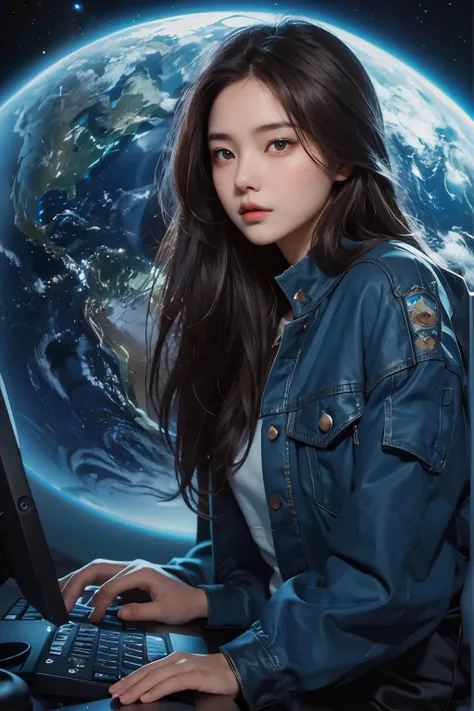 one beautiful woman。Twenty years old。dark brown hair。She is working on the computer。serious look。Her background features images of outer space and the Earth。masterpiece。