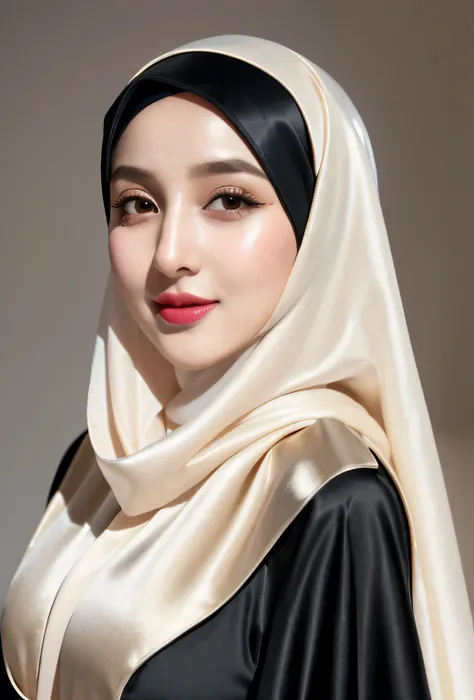 RAW photo of a 24 year old girl wearing hijab, satin abaya, satin, hijab face portrait, neutral background, 8k uhd, dslr, soft lighting, high quality, film grain, Fujifilm XT3, covered dress, decent dress, big tits:1.5,cheerful facial expression.