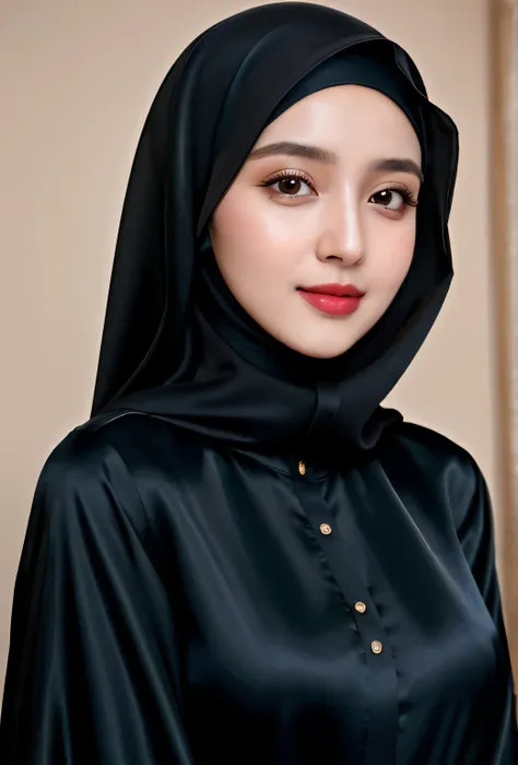 RAW photo of a 24 year old girl wearing hijab, satin abaya, satin, hijab face portrait, neutral background, 8k uhd, dslr, soft lighting, high quality, film grain, Fujifilm XT3, covered dress, decent dress, big tits:1.5,cheerful facial expression.