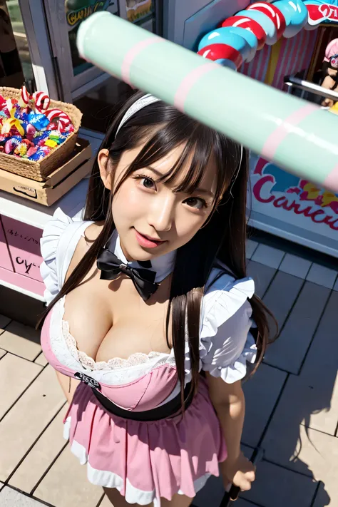 C4ndyL4ndAIシティ,A young woman holding a large candy in a candy-themed amusement park, avoiding sensitive expressions.. BREAK A young woman holding a large stick of candy in a candy-themed amusement park.BREAK ((upturned eyes)),((Angle from above:1.3)),from ...