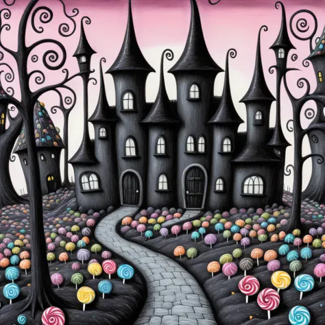 dark fantasy, in the style of edward gorey, a very strange and gloomy candyland with candy houses, candy intricate gothic towers...