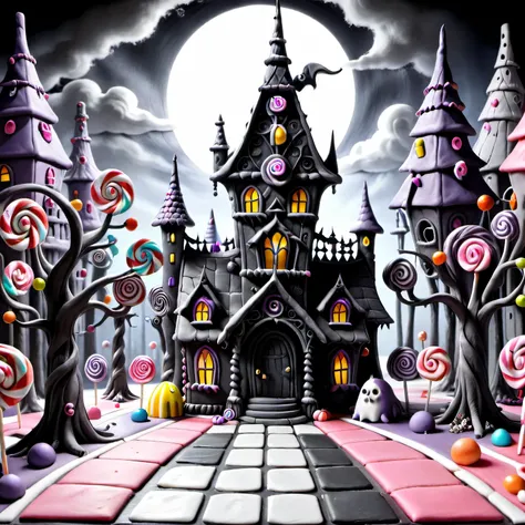 dark fantasy, very strange and gloomy candyland with candy houses, candy intricate gothic towers and candy trees, candy monsters...