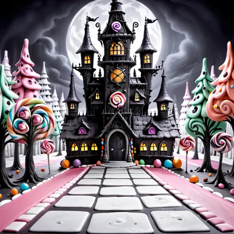 dark fantasy, very strange and gloomy candyland with candy houses, candy intricate gothic towers and candy trees, candy monsters...