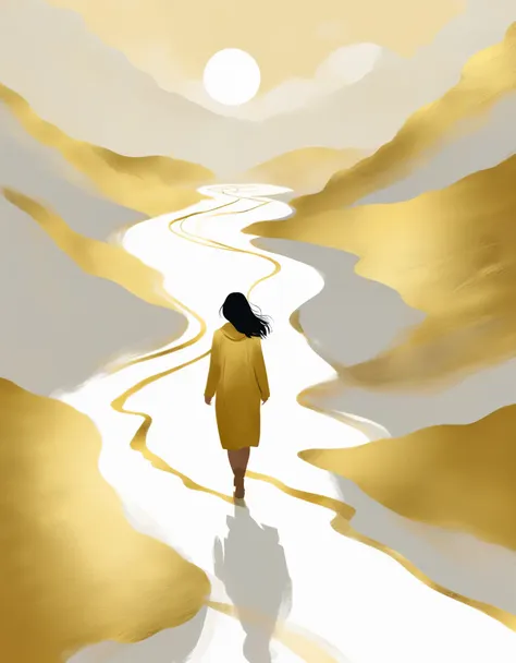 a minimalist journey，gold，1girl，illustration