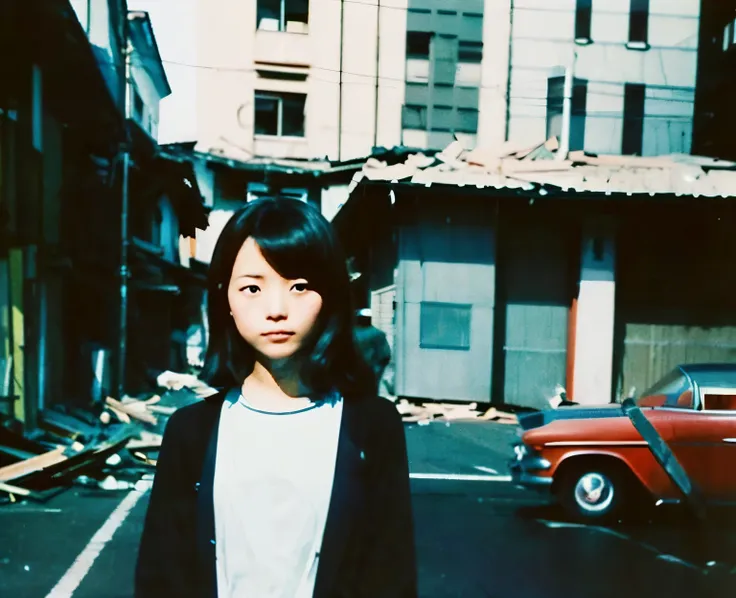 color unsharp masking quality. (A young Japanese woman as extreme small as earthquake). thick outline. blurry photo. color slide film. 1958.
