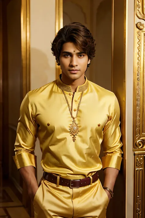 Silky brown hair,6ft tall,hazel eyes,muscular,light skinned,handsome Indian prince, no facial hair,portrait,,royal jewelry,flowing outfit,yellow kurta,rich colors,radiant lighting, short curly hair