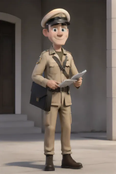 obra de arte, Melhor qualidade, a military man with a beige uniform, white cap and black combat boots with a clipboard in his hand standing on the street