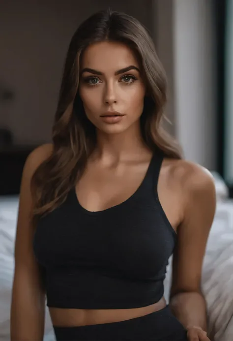 Arafed woman in tank top and matching leggings, Fille sexy aux yeux marrons, Portrait de Sophie Mudd, cheveux bruns et grands yeux, Ojos in the bedroom, Violette Myers, Sans maquillage, Maquillage naturel, Tour, Pour regarder la caméra, Rire, comment con a...