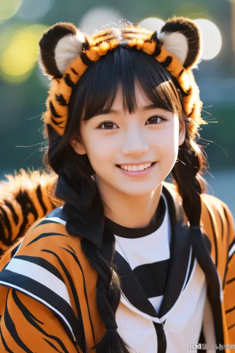 (8K、RAW Photos、top-quality、​masterpiece:1.5)、(realisitic、Photorealsitic:1.5)、ultra-detailliert、超A high resolution、lighting like a movie、(((Idols who love tigers)))、(((Japan 16 year old girls)))、(((Wearing a cute costume with a tiger motif)))、(A lot of tige...