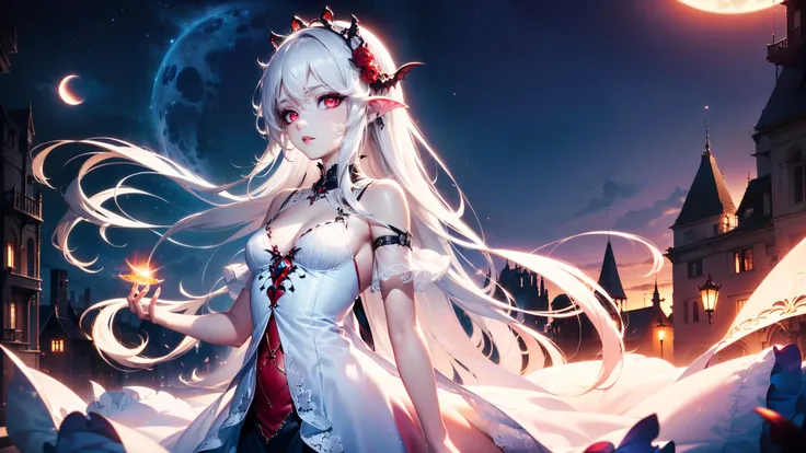 4K quality:1.2,1girl,sense of deps,disorganized,catch light,Super beautiful illustration,succubus,((white color,long hairstyles:1.3)),dark dark eyeshadow,(((4k,super beautiful,In detail,red eyes))),bright red lipstick,gothic lolita,beautiful and delicate h...